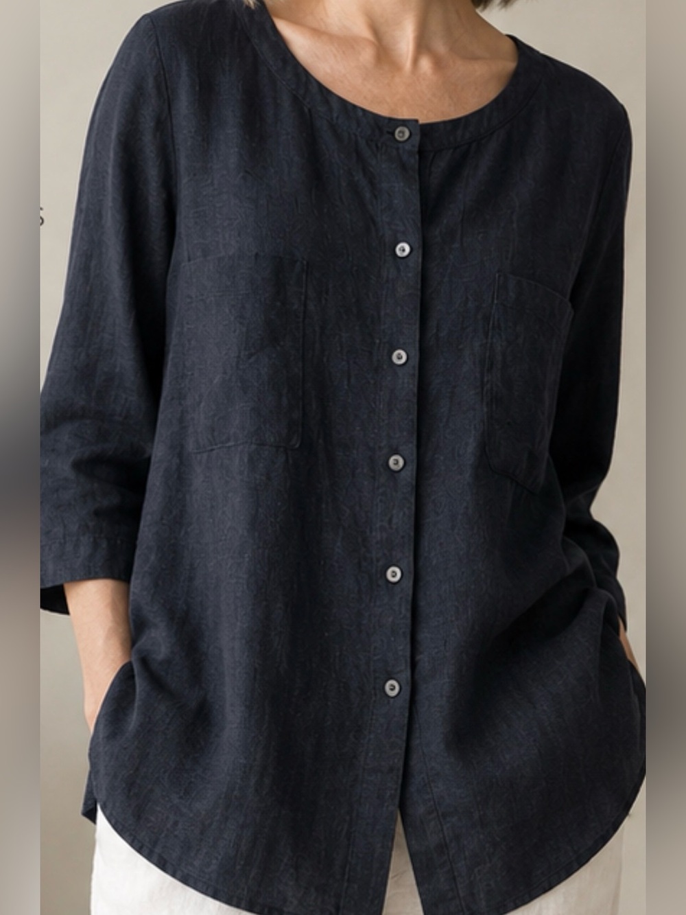 Eileen Fisher Woman 1X Dark Navy 100% Linen Button Front Tunic Top Pockets